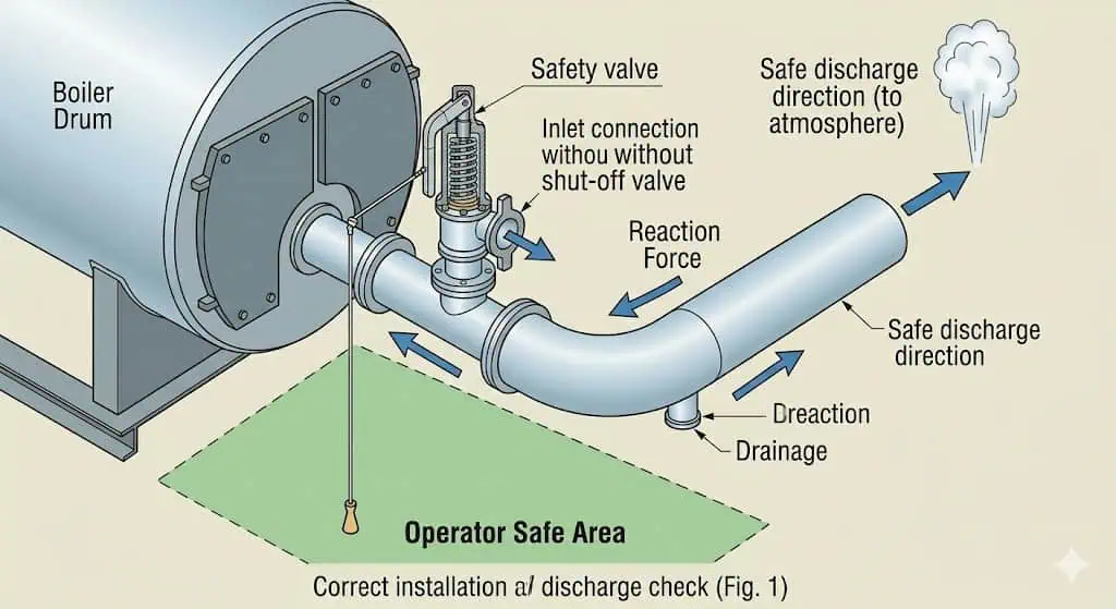 Installation et vérification de la décharge de la soupape de sûreté de chaudière, montrant la connexion de la chaudière, le tuyau d'entrée court, le tuyau de sortie, le drain, la force de réaction, la direction de décharge sûre et la zone de stationnement de l'opérateur