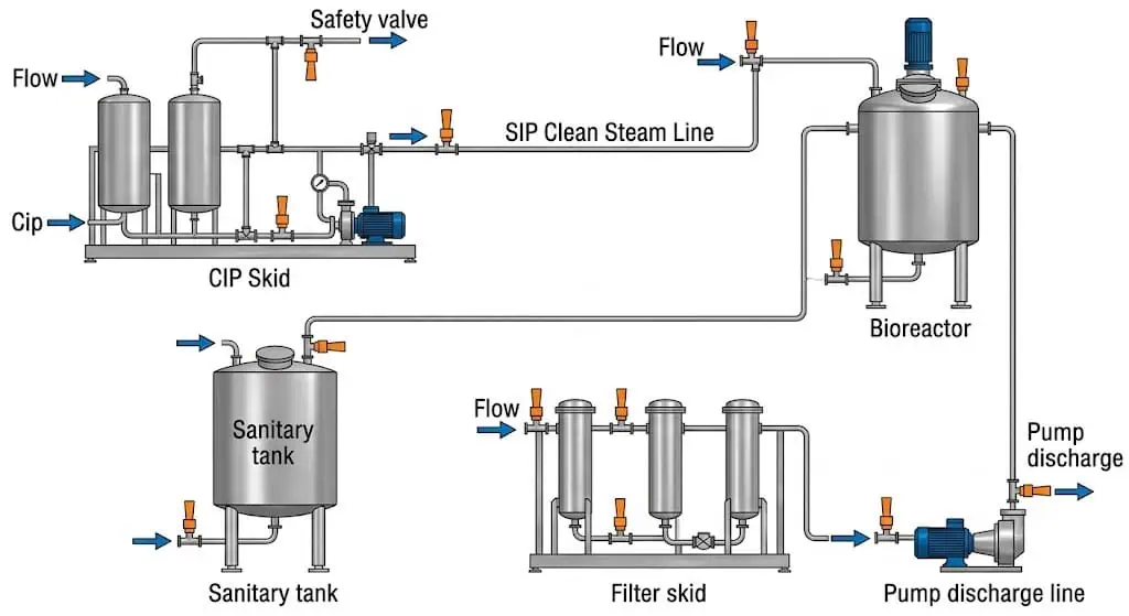 Emplacements d'application des soupapes de sûreté hygiéniques dans les systèmes CIP, lignes de vapeur propre SIP, réservoirs, bioréacteurs, skids de filtration et décharge de pompe