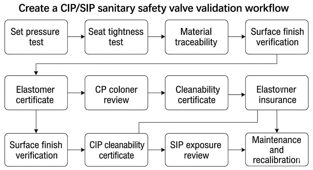 Flux de validation des soupapes de sûreté hygiéniques CIP SIP avec pression de tarage, étanchéité du siège, traçabilité des matériaux, état de surface et certificat d'élastomère