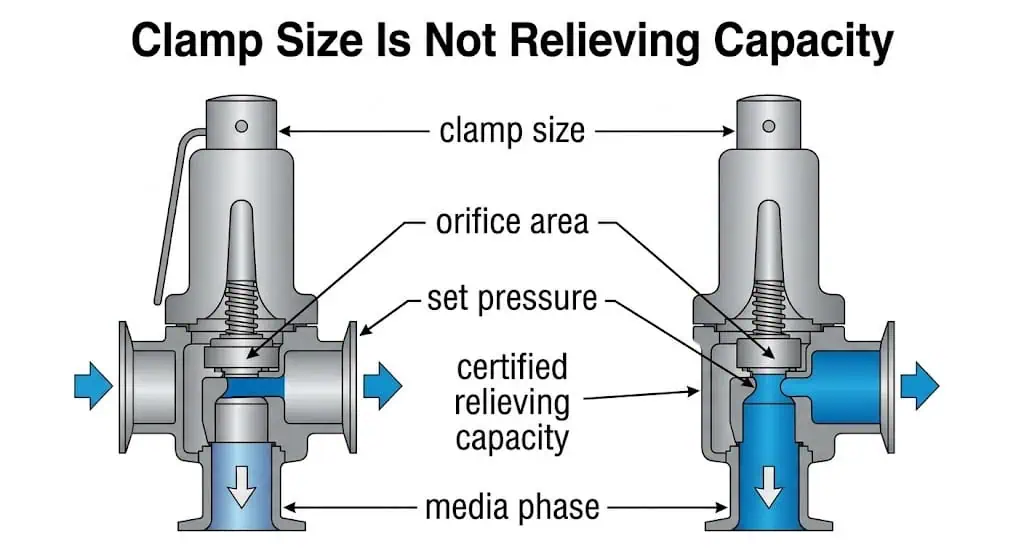 Taille de clamp versus capacité de décharge certifiée pour les soupapes de sûreté hygiéniques montrant la même taille de connexion mais des surfaces d'orifice et des capacités différentes