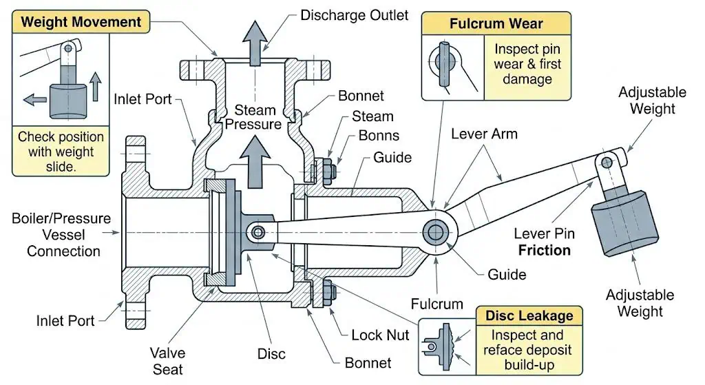 Common lever safety valve failure points including weight movement seat sticking and lever pin wear