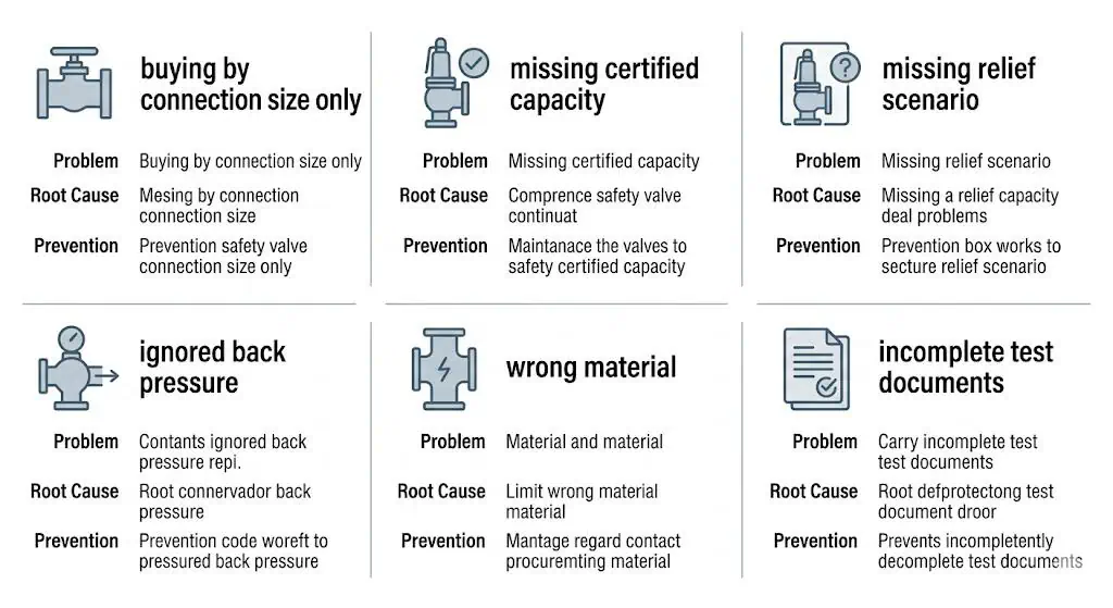 Common safety valve procurement mistakes including connection size capacity back pressure and documents