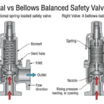 Conventional spring loaded safety valve vs bellows balanced safety valve cutaway