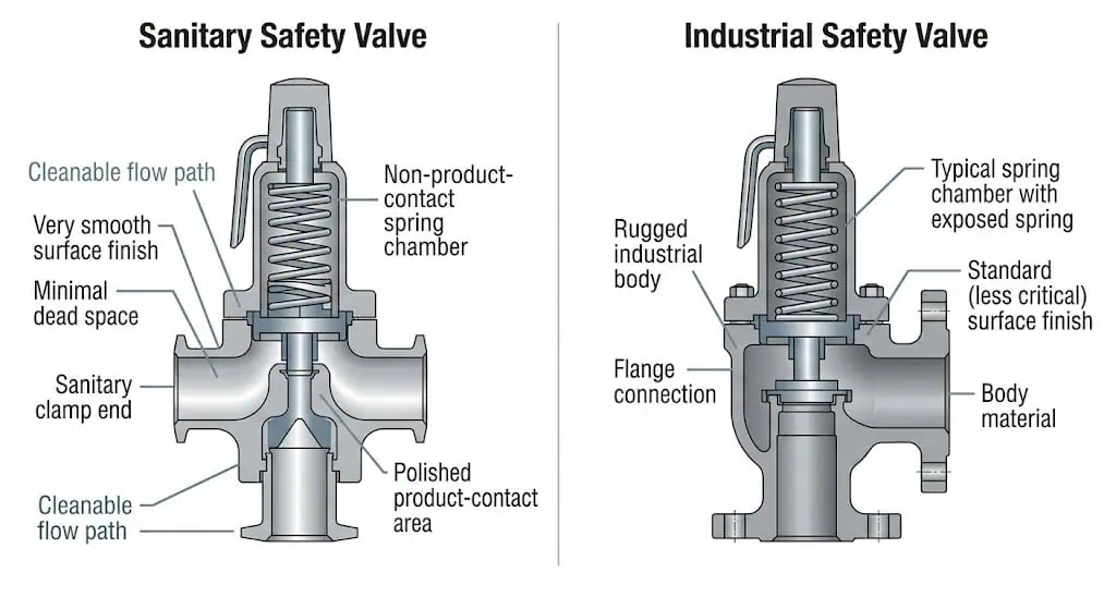 Hygienic sanitary safety valve design versus rugged industrial safety valve design
