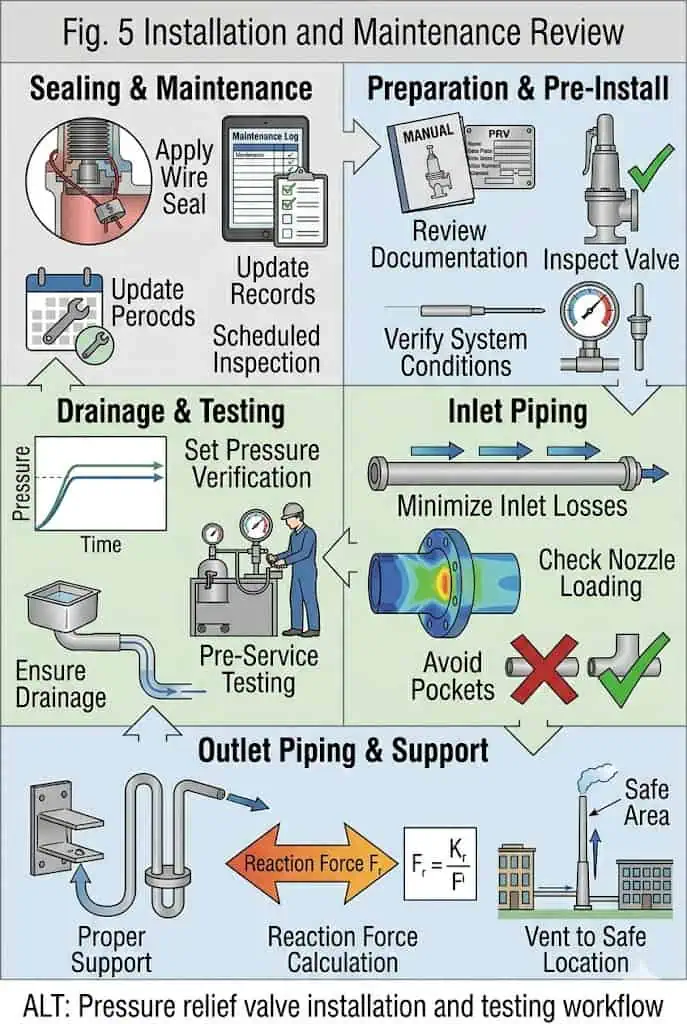 Examen de l'installation et de la maintenance des soupapes de décharge : tuyauterie d'admission, tuyauterie de sortie, drainage, contre-pression, test et étanchéité