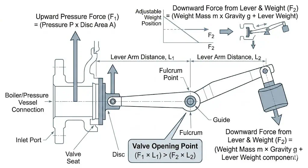 Lever safety valve force balance between steam pressure and lever weight