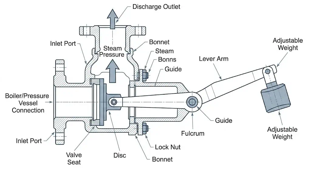 Lever safety valve working principle showing lever weight disc seat and steam pressure
