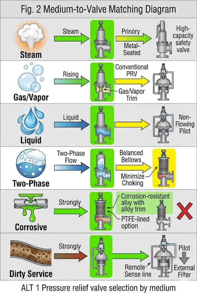 Diagramme de correspondance fluide/soupape de décharge pour service vapeur, gaz, vapeur, liquide, biphasique, corrosif et chargé