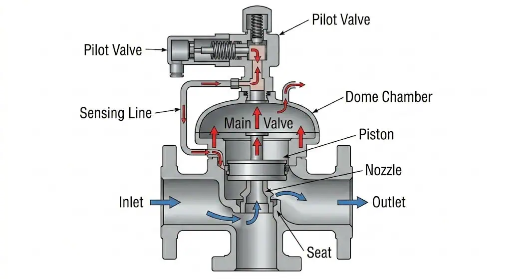 Structure en coupe d'une soupape de sûreté pilotée montrant la soupape pilote, la chambre de dôme, la soupape principale, le piston, le siège, l'entrée et la sortie