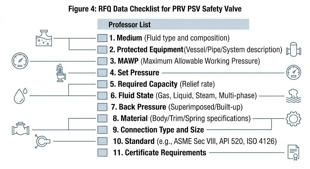 Lista de verificación de solicitud de cotización (RFQ) para la selección de válvulas de alivio de presión (PRV), válvulas de seguridad (PSV) y válvulas de alivio