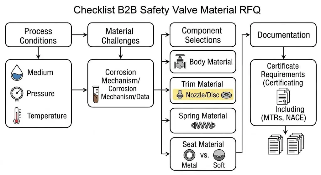 Flusso checklist RFQ materiali valvole di sicurezza per fluido, pressione, temperatura, corrosione, corpo, trim, molla, sede e certificati