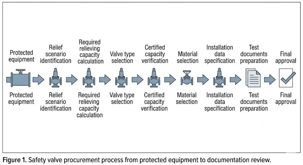 Safety valve procurement workflow from protected equipment to documentation review