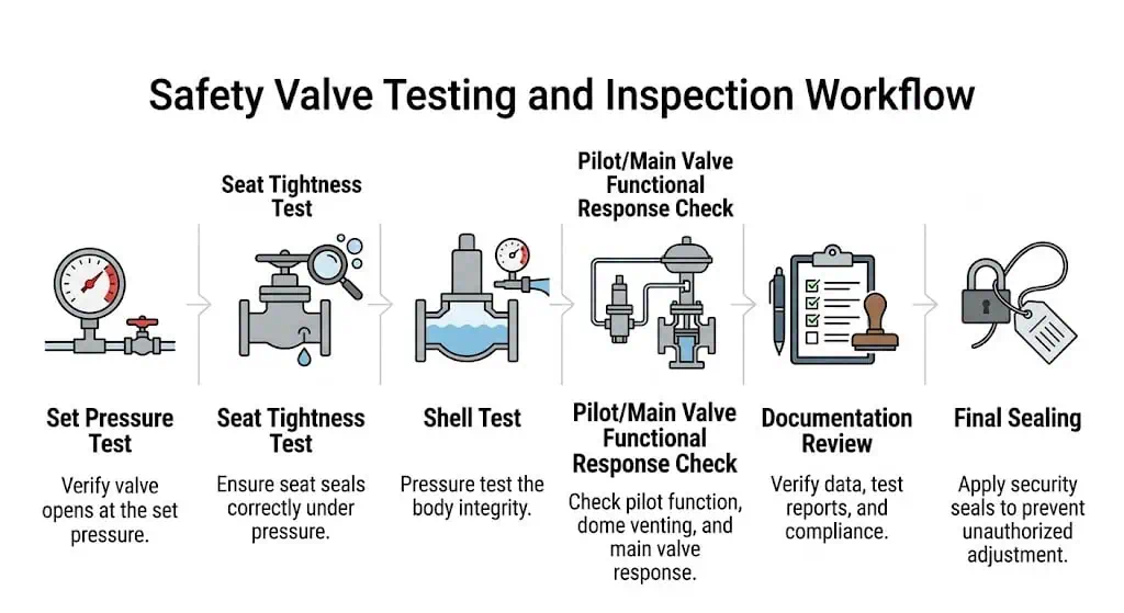 Flux de travail des tests et inspections des soupapes de sûreté montrant le test de pression de tarage, le test d'étanchéité du siège, le test de coque, la vérification de la réponse fonctionnelle, la documentation et le scellage