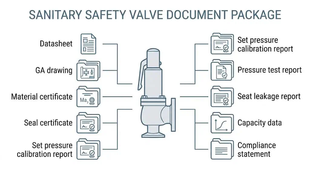 Sanitary safety valve document package including datasheet material certificate test report and capacity data