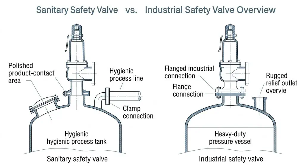 Sanitary safety valve versus industrial safety valve comparison for hygienic and industrial systems