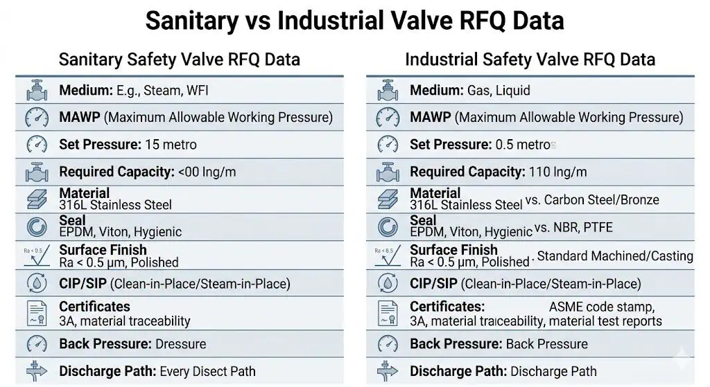Sanitary versus industrial safety valve procurement data checklist