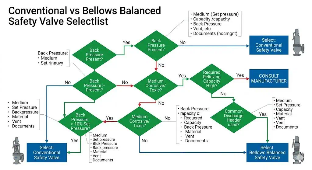 Lista de verificación de decisión de selección para elegir entre válvula de seguridad convencional de resorte y válvula de seguridad equilibrada por fuelle