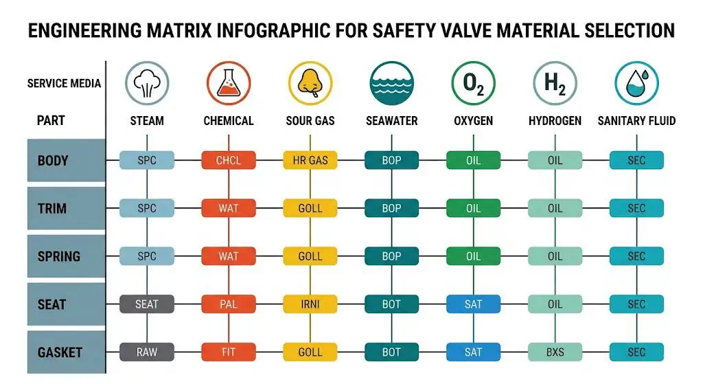 Matrice di selezione dei materiali in base alle condizioni di servizio della valvola di sicurezza per vapore, gas chimico, gas acido, acqua di mare, ossigeno, idrogeno e servizio sanitario