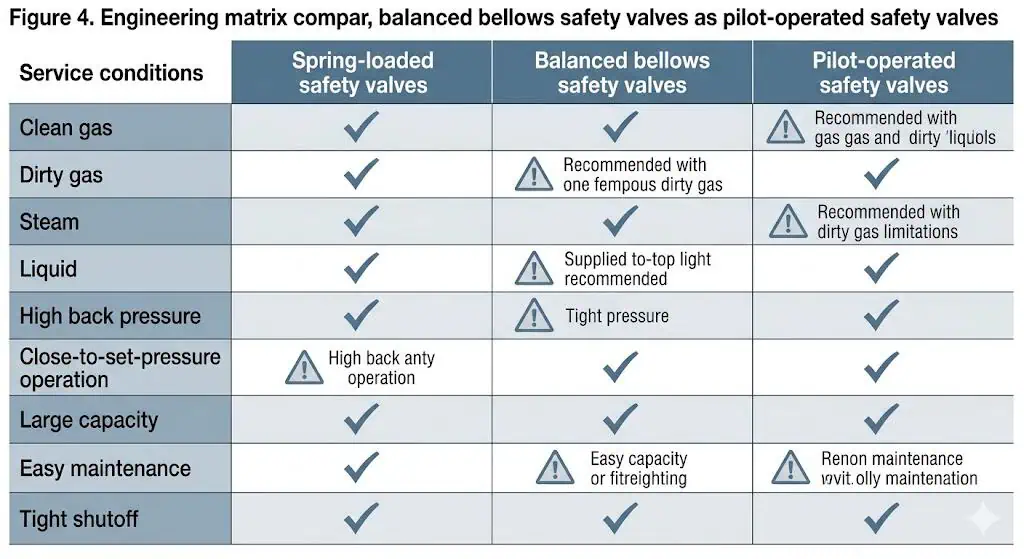 Spring-loaded and pilot-operated safety valve application comparison matrix