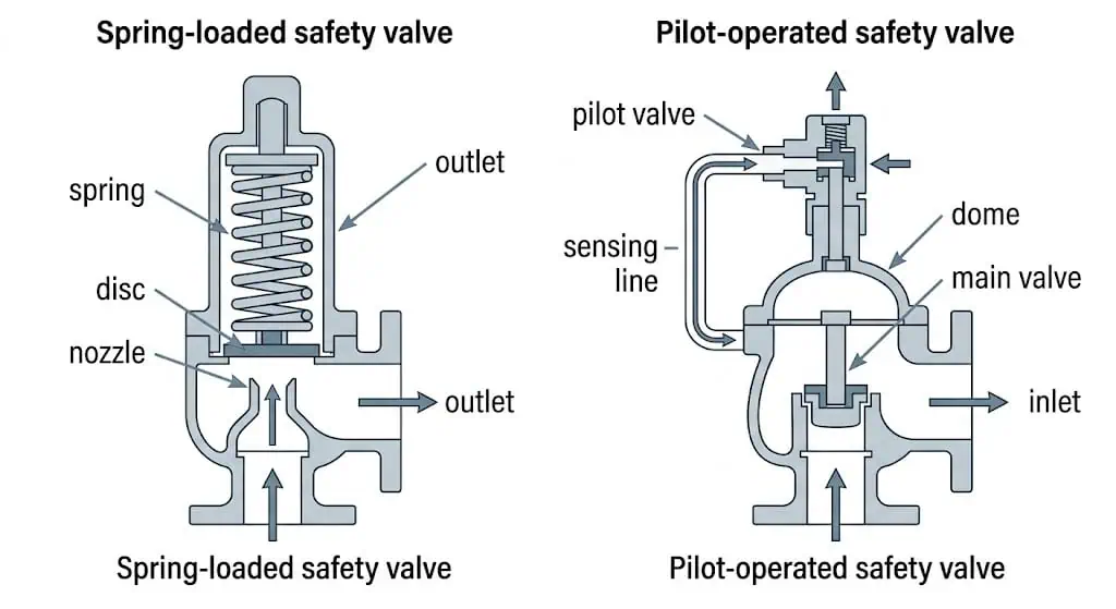 Spring-loaded safety valve vs pilot-operated safety valve structure comparison