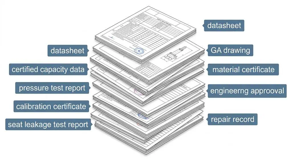 Safety valve supplier document package including datasheet certificates and test reports