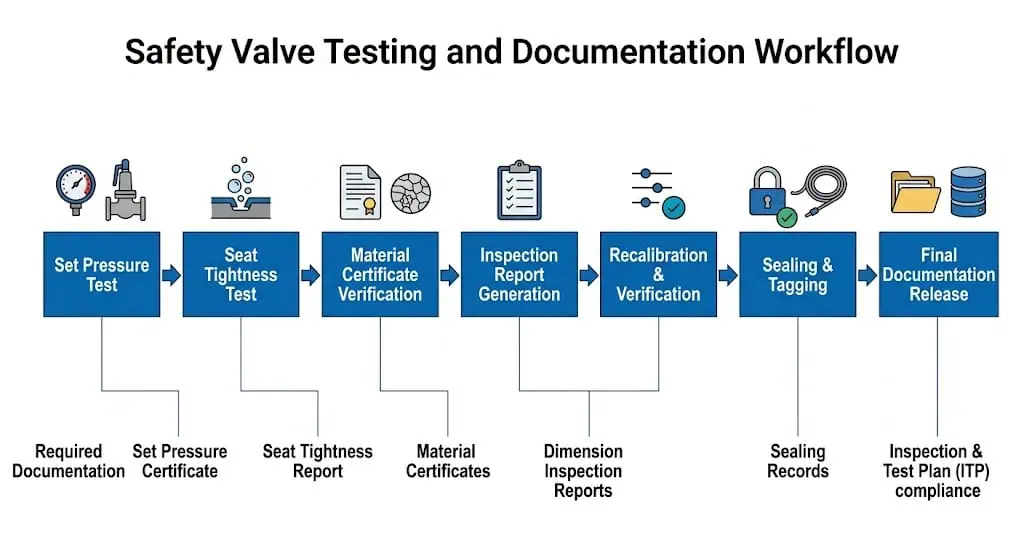 Flujo de trabajo de pruebas y documentación de válvulas de seguridad mostrando prueba de presión de tarado, prueba de estanqueidad del asiento, certificado de material, informe de inspección, recalibración y sellado