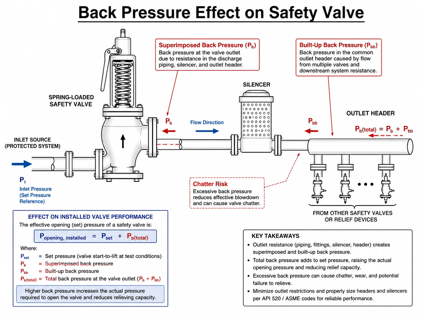 Back pressure effect on spring loaded safety valve with discharge header