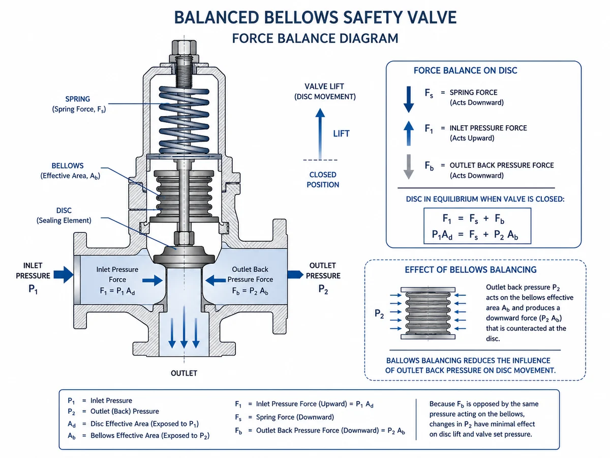 Back pressure force balance in balanced bellows safety valve