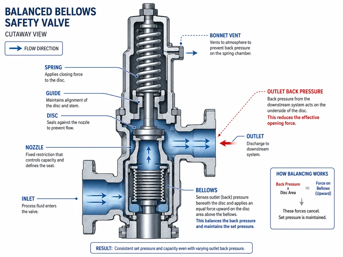Balanced bellows safety valve cutaway showing bellows disc nozzle spring and bonnet vent