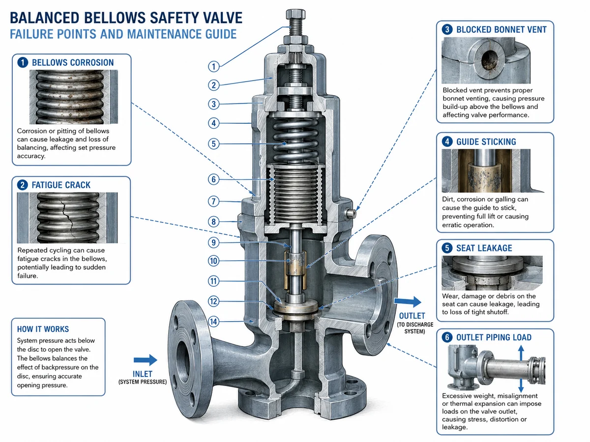 Balanced bellows safety valve failure points including bellows corrosion fatigue and blocked vent
