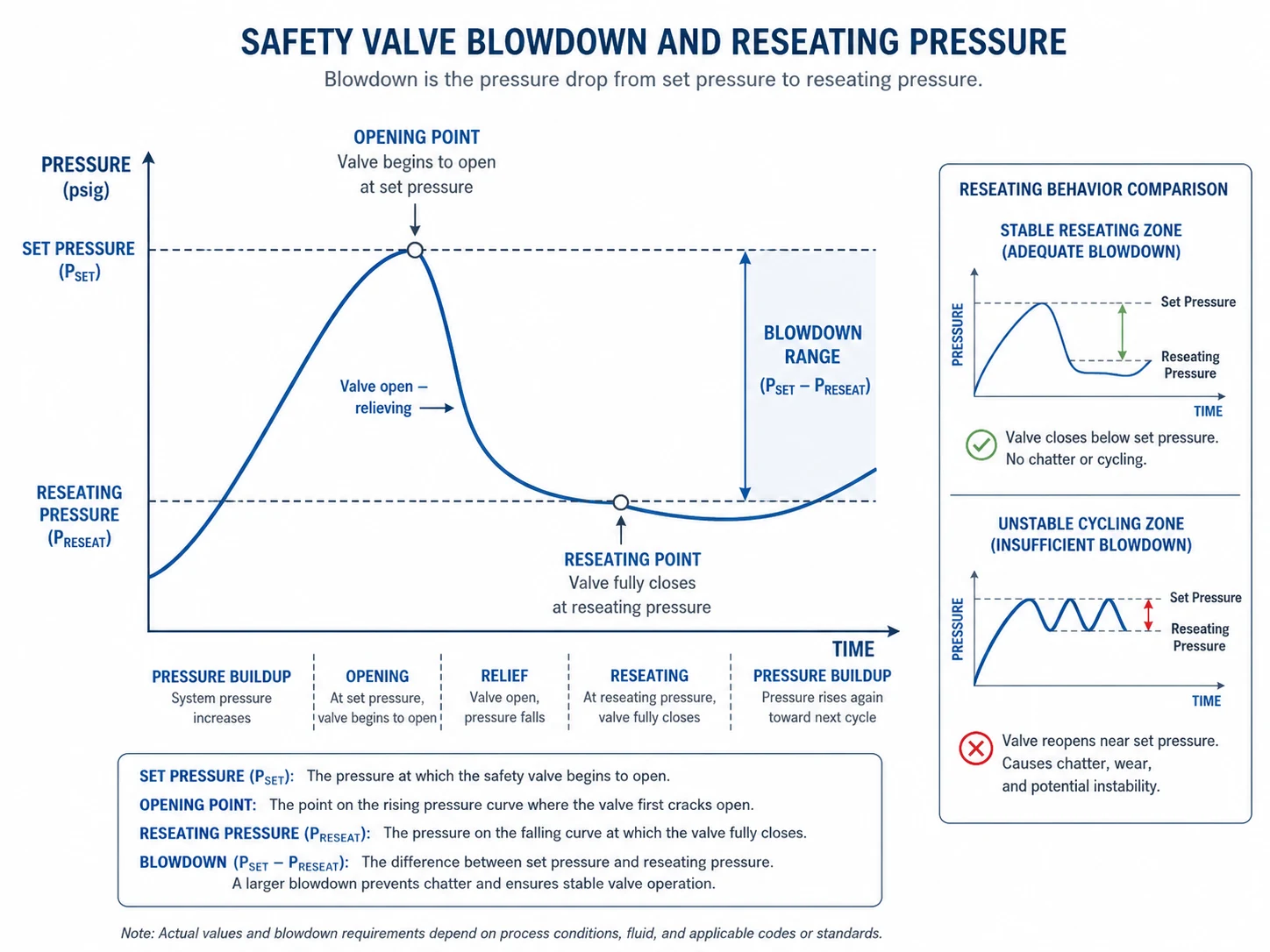 Safety valve blowdown and reseating pressure diagram