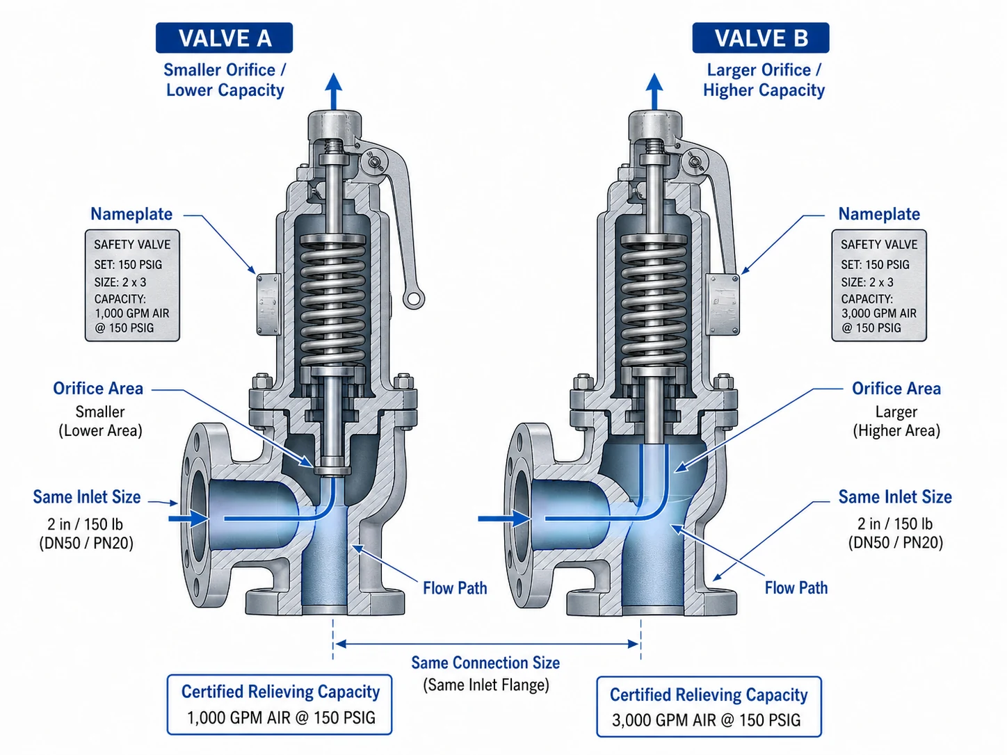 Safety valve connection size versus orifice area and certified relieving capacity