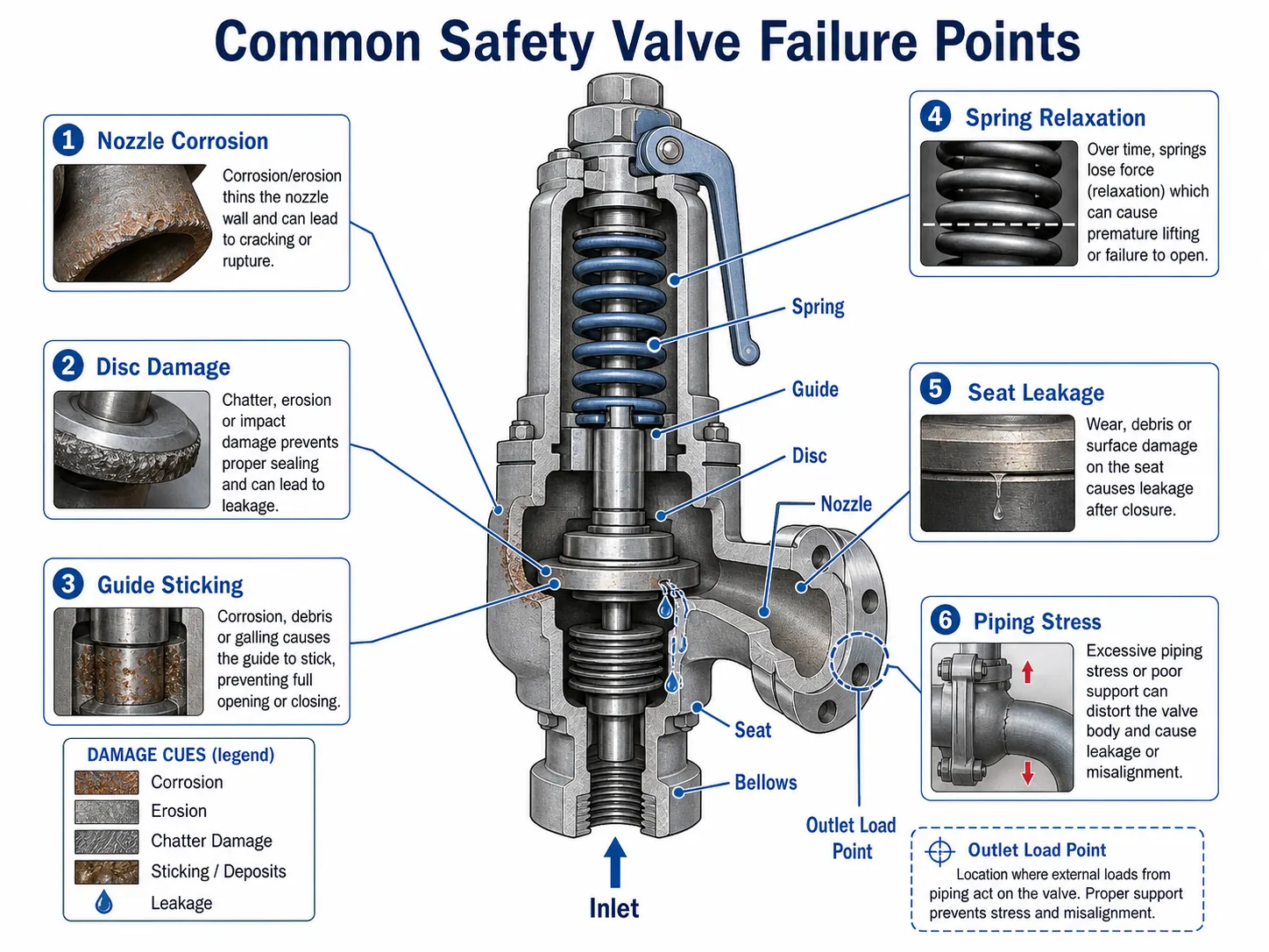 Common safety valve failure points including nozzle disc guide spring and seat leakage