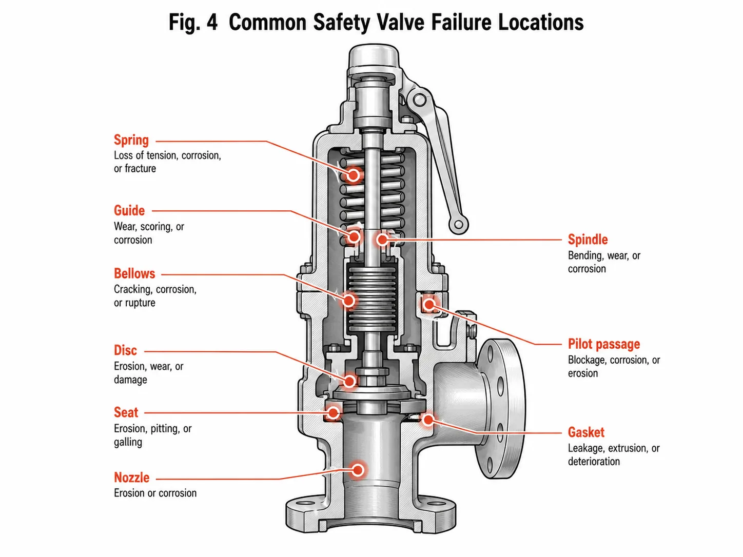 Punti di guasto comuni delle valvole di sicurezza, inclusi ugello, disco, sede, molla, guida, soffietto e passaggio pilota
