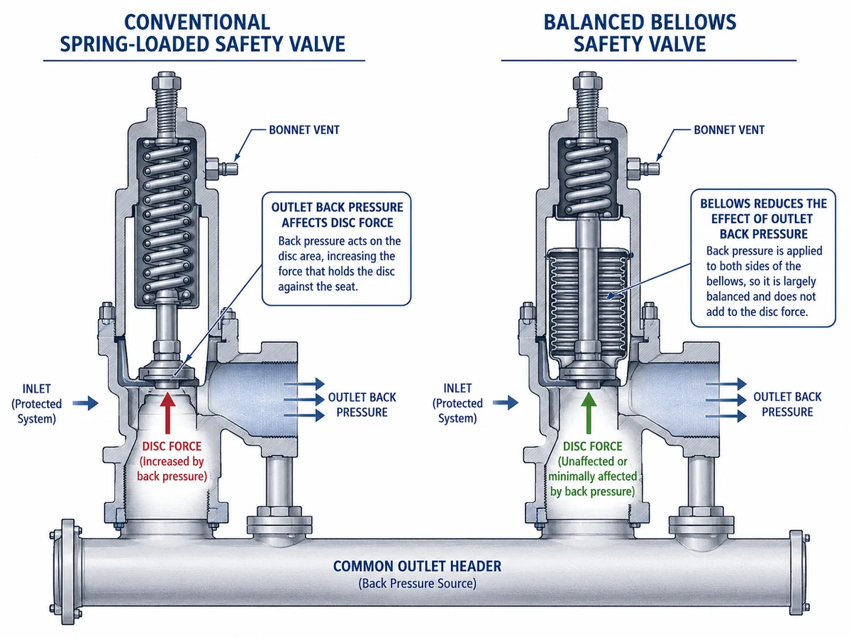 Conventional spring loaded safety valve versus balanced bellows safety valve under back pressure