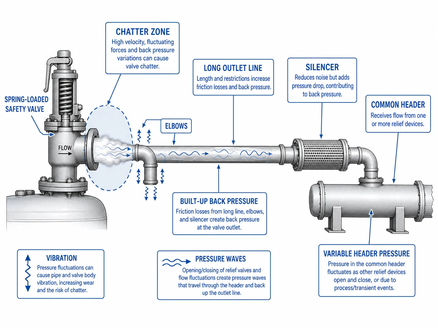 Safety valve chatter caused by built-up back pressure in discharge header