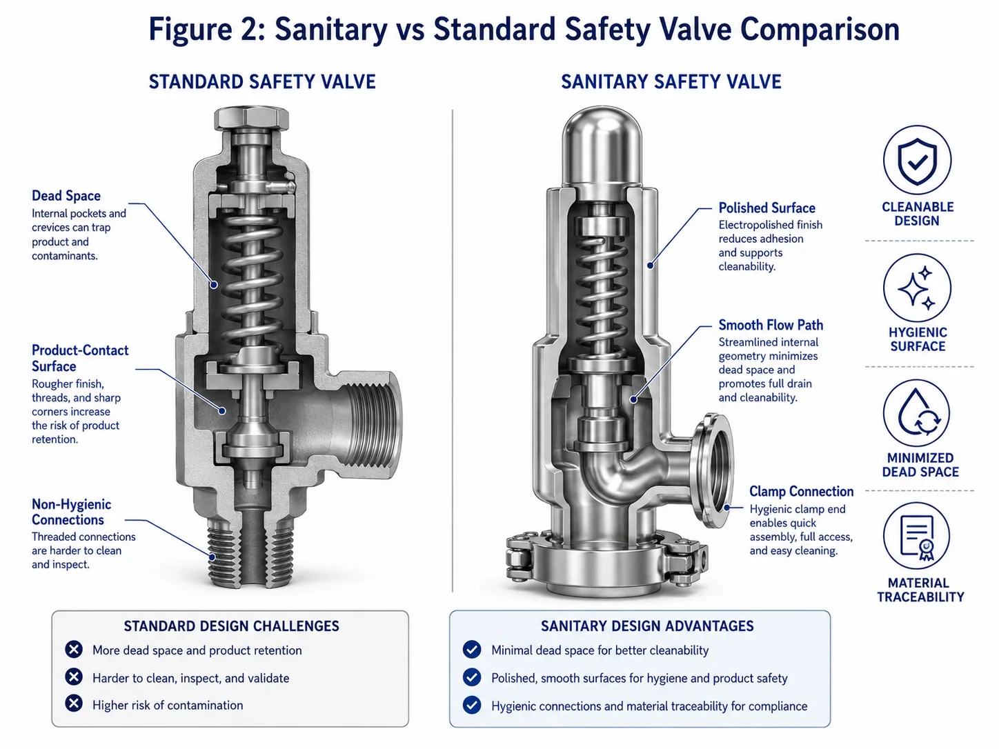 Sanitary safety valve versus standard safety valve hygienic design comparison