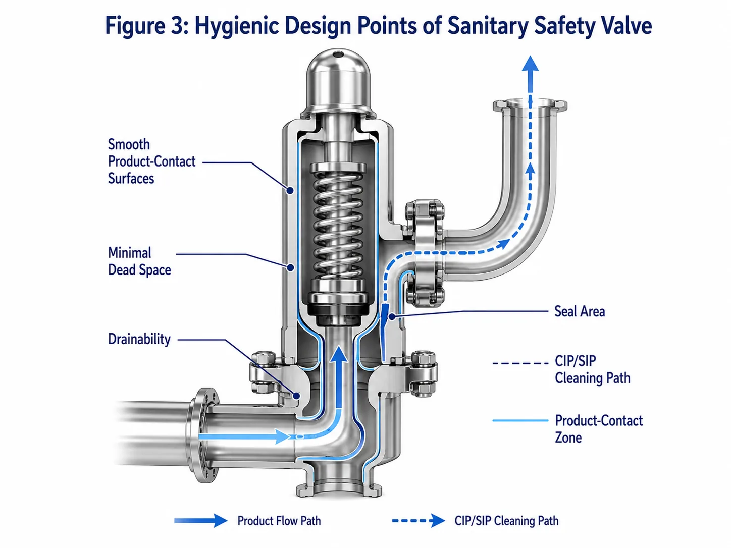 Hygienic design points of sanitary safety valve including smooth surface minimal dead space and CIP cleanability