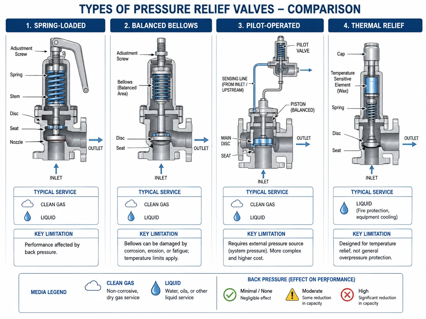 Main types of pressure relief valves including spring loaded balanced bellows and pilot operated