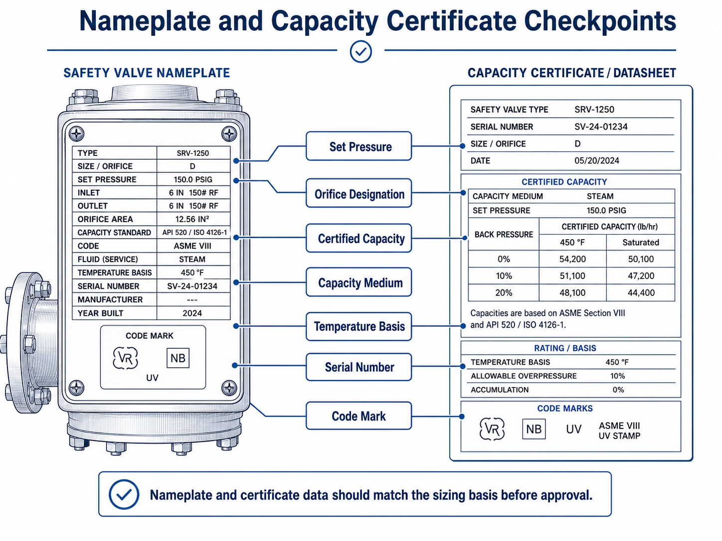 Safety valve nameplate and capacity certificate data to verify before purchase