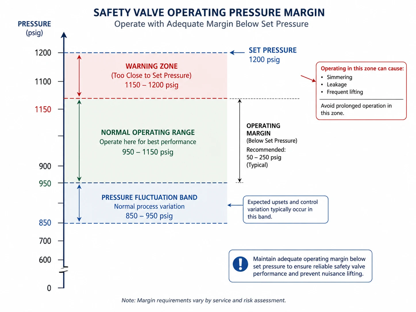Safety valve operating pressure margin below set pressure diagram