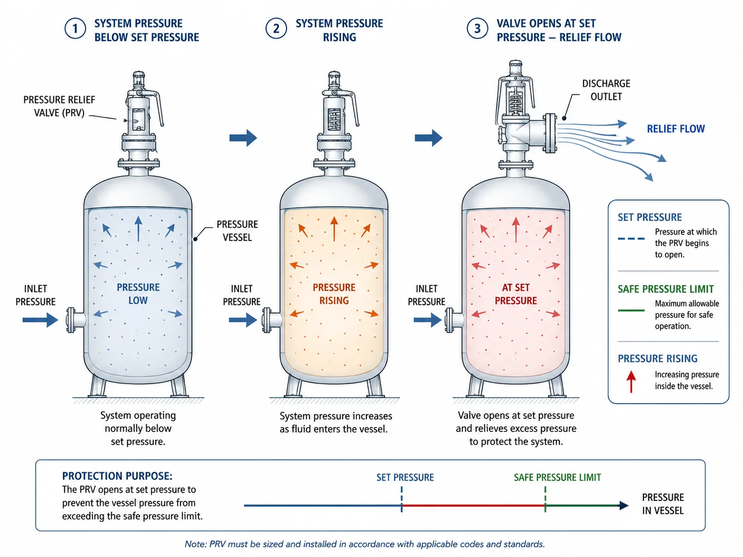 Pressure relief valve function diagram protecting pressure vessel from overpressure