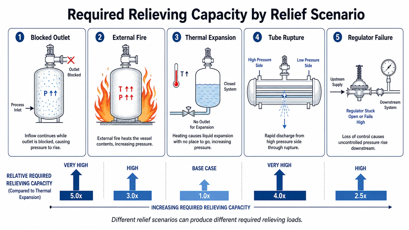 Required relieving capacity depends on blocked outlet fire case thermal expansion and tube rupture