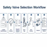 Flusso di selezione della valvola di sicurezza con controlli di pressione impostata, capacità, contropressione, materiale e installazione