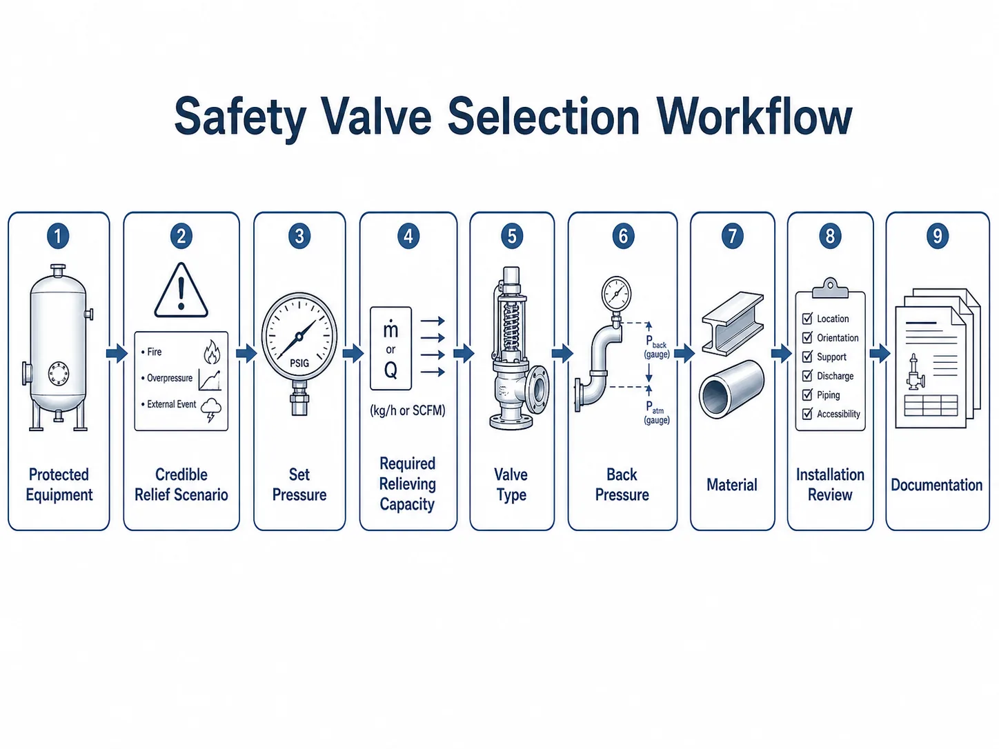 Safety valve selection workflow showing set pressure capacity back pressure material and installation checks