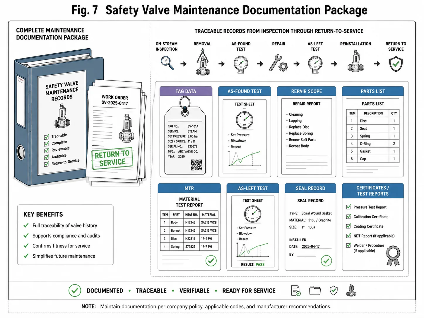 Flusso di lavoro per la documentazione della manutenzione delle valvole di sicurezza, inclusi test as-found, rapporto di riparazione, test as-left e certificati