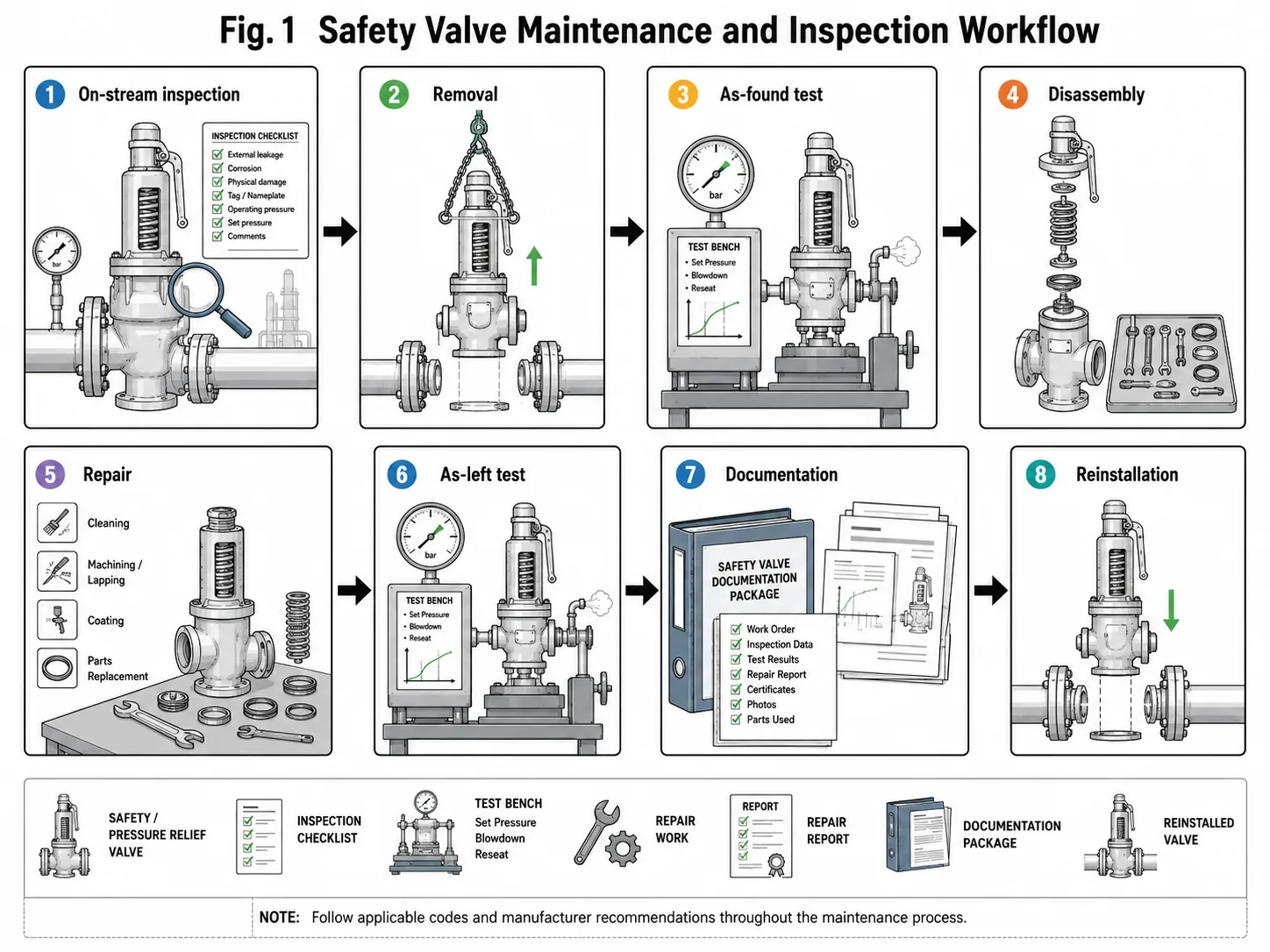 Flusso di lavoro per la manutenzione e l'ispezione delle valvole di sicurezza, inclusi ispezione visiva, test as-found, riparazione, test as-left e documentazione