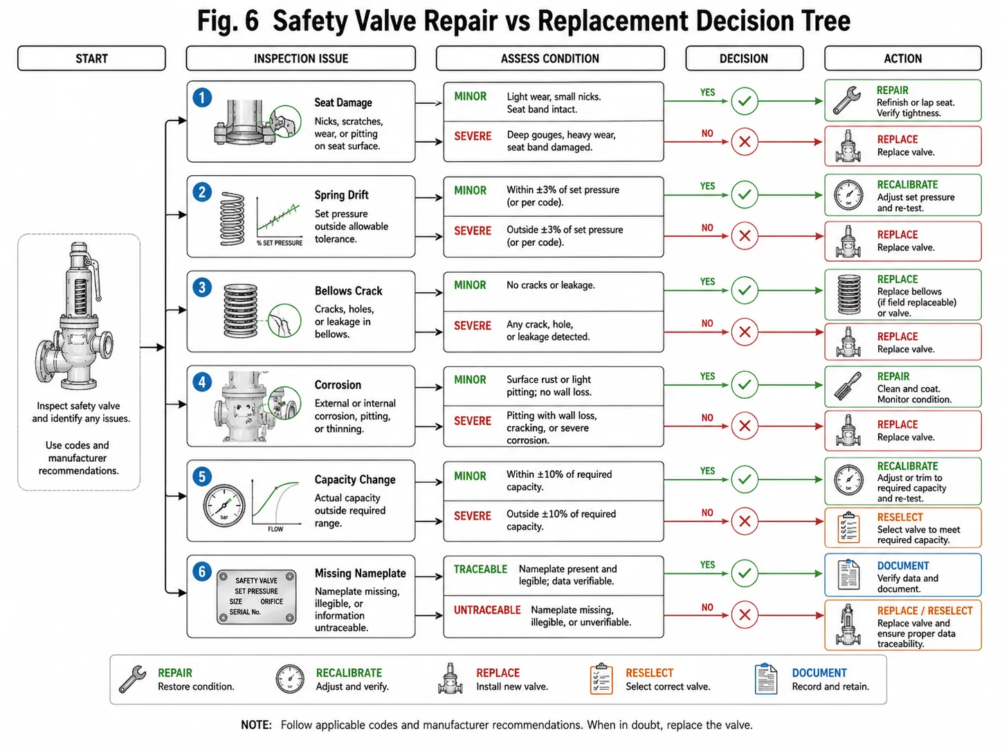 Diagramma di flusso decisionale per la riparazione o sostituzione delle valvole di sicurezza per ingegneri di manutenzione