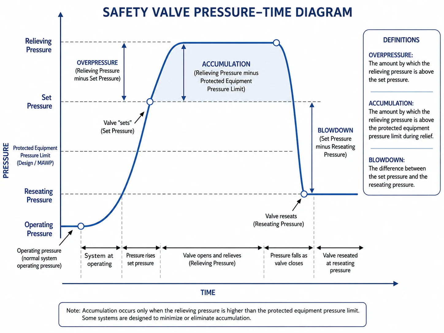 Safety valve set pressure overpressure accumulation and blowdown pressure time diagram