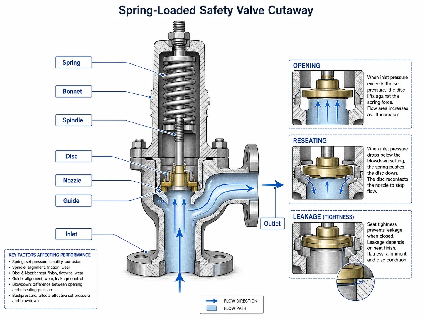 Spring loaded safety valve cutaway showing spring disc nozzle guide and outlet